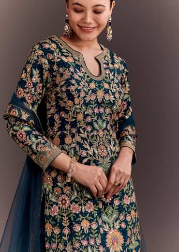 Teal Blue Embroidered Palazzo Set