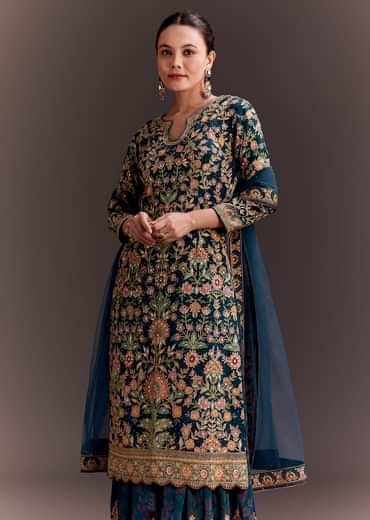 Teal Blue Embroidered Palazzo Set