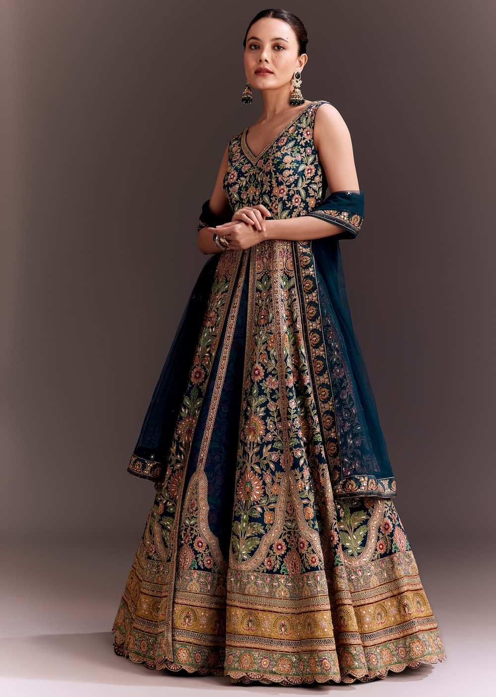 Teal Blue Floral Embroidered Anarkali With Net Dupatta