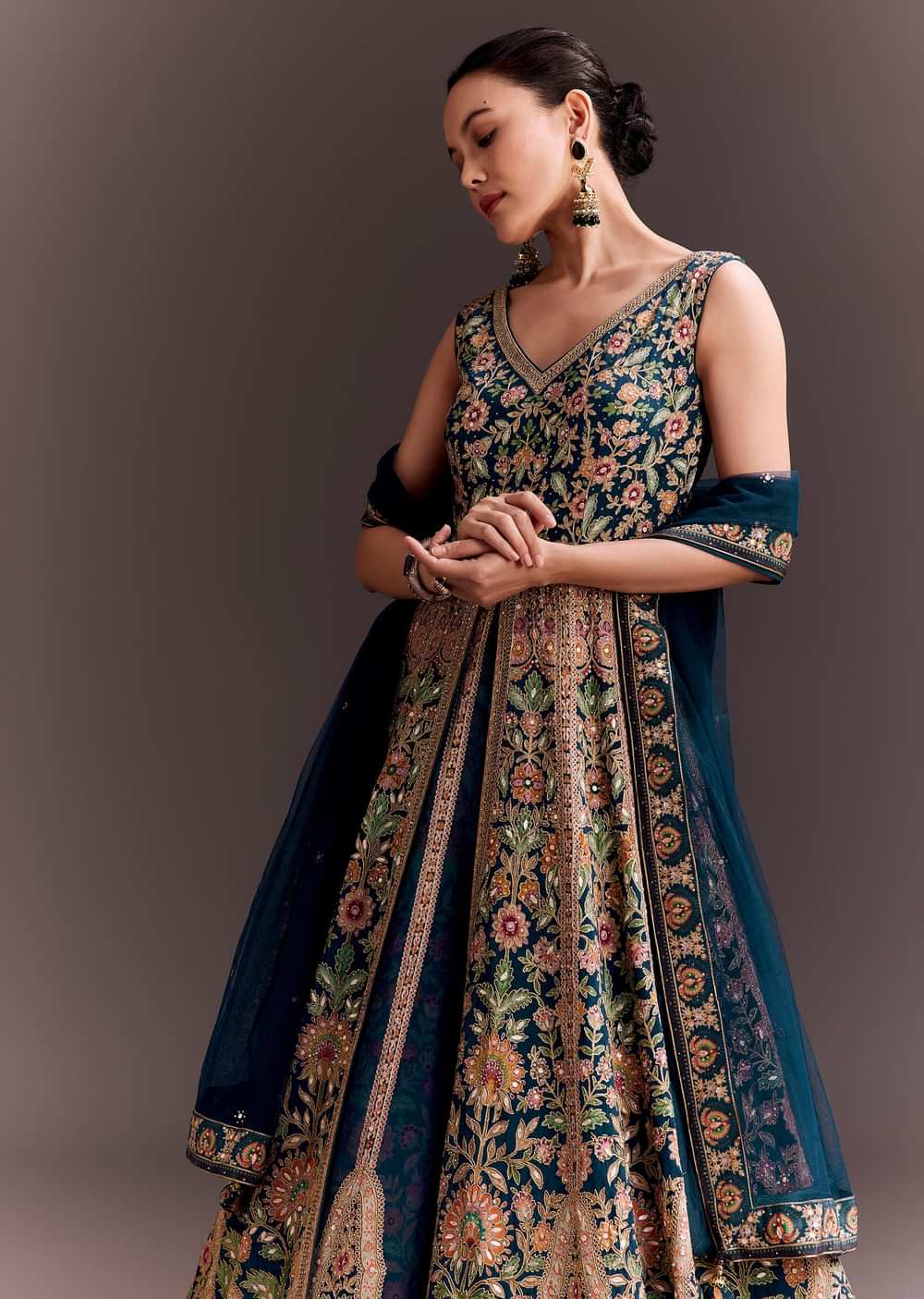 Teal Blue Floral Embroidered Anarkali With Net Dupatta