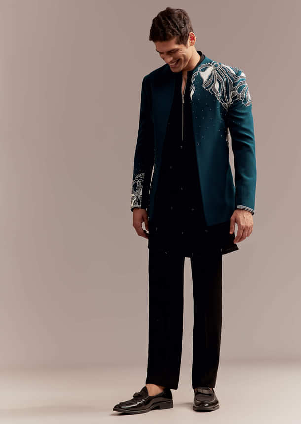 Teal Blue Indo Western Set For Men With Heavy Embroidery Teal Blue Indo Western Set For Men With Heavy Embroidery