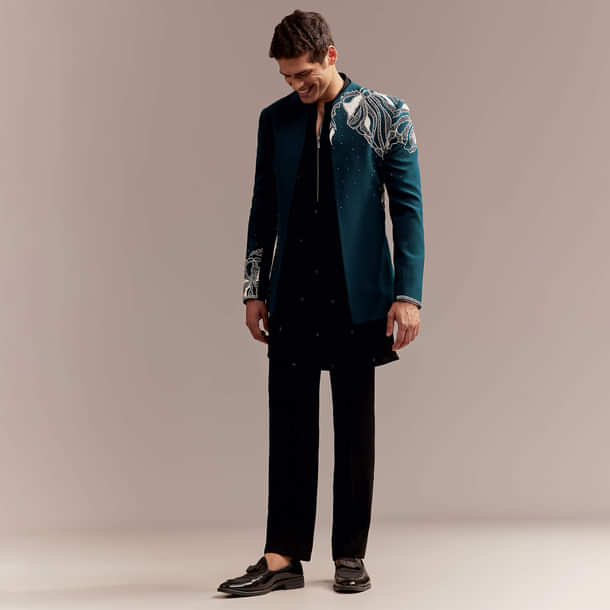 Teal Blue Indo Western Set For Men With Heavy Embroidery Teal Blue Indo Western Set For Men With Heavy Embroidery