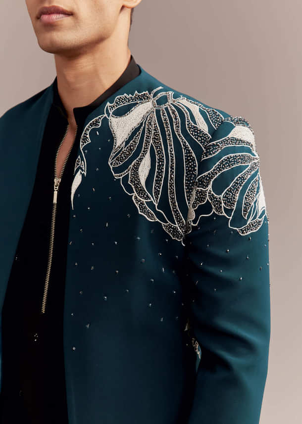 Teal Blue Indo Western Set For Men With Heavy Embroidery Teal Blue Indo Western Set For Men With Heavy Embroidery