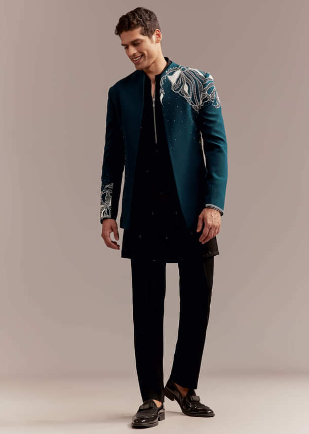 Teal Blue Indo Western Set For Men With Heavy Embroidery Teal Blue Indo Western Set For Men With Heavy Embroidery