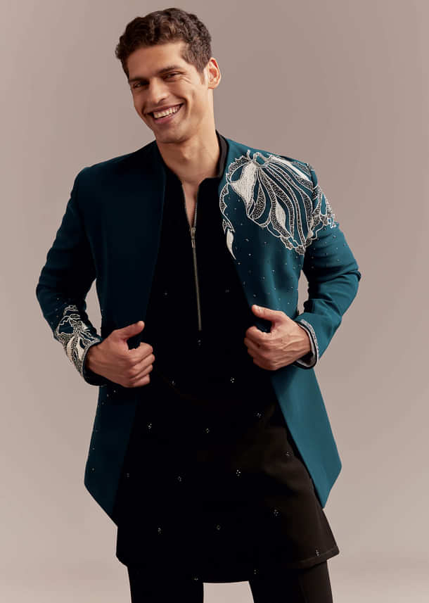 Teal Blue Indo Western Set For Men With Heavy Embroidery Teal Blue Indo Western Set For Men With Heavy Embroidery