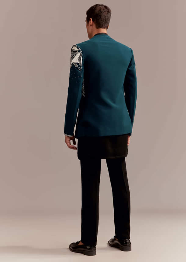 Teal Blue Indo Western Set For Men With Heavy Embroidery Teal Blue Indo Western Set For Men With Heavy Embroidery