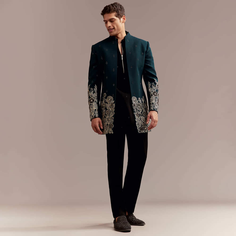 Teal Blue Indo Western Set For Men With Ivory Floral Embroidery