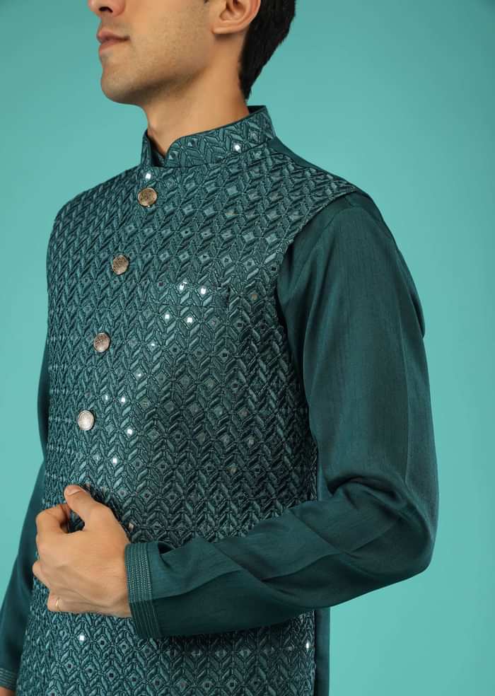 Teal Blue Nehru Jacket And Kurta Set In Raw Silk With Resham And Mirror Abla Embroidered Geometric Jaal