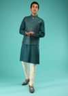 Teal Blue Nehru Jacket And Kurta Set In Raw Silk With Resham And Mirror Abla Embroidered Geometric Jaal
