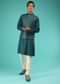 Teal Blue Nehru Jacket And Kurta Set In Raw Silk With Resham And Mirror Abla Embroidered Geometric Jaal