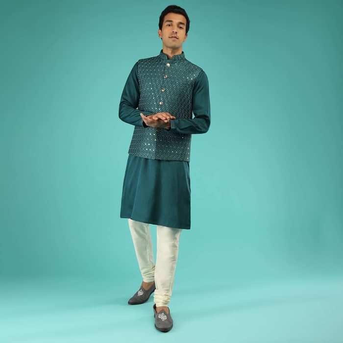 Teal Blue Nehru Jacket And Kurta Set In Raw Silk With Resham And Mirror Abla Embroidered Geometric Jaal