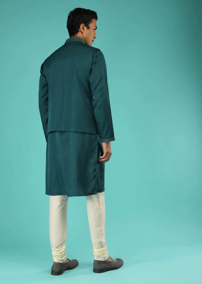 Teal Blue Nehru Jacket And Kurta Set In Raw Silk With Resham And Mirror Abla Embroidered Geometric Jaal