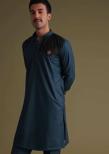Teal Blue Pathani Kurta Set In Rayon With A Black Patch On Shoulder With Embroidery