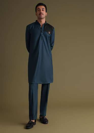 Teal Blue Pathani Kurta Set In Rayon With A Black Patch On Shoulder With Embroidery