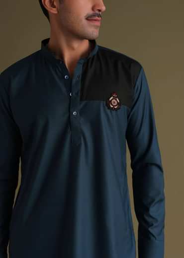 Teal Blue Pathani Kurta Set In Rayon With A Black Patch On Shoulder With Embroidery