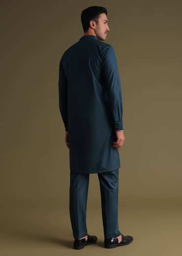 Teal Blue Pathani Kurta Set In Rayon With A Black Patch On Shoulder With Embroidery
