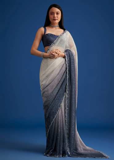Teal Blue Sequins Saree With Scallop Embroidery Border