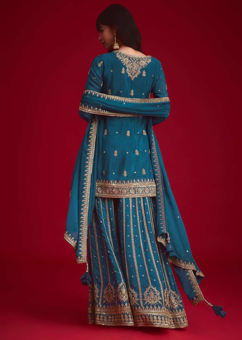 Teal blue Zari Embroidered Kurta Palazzo With Butti Work Dupatta