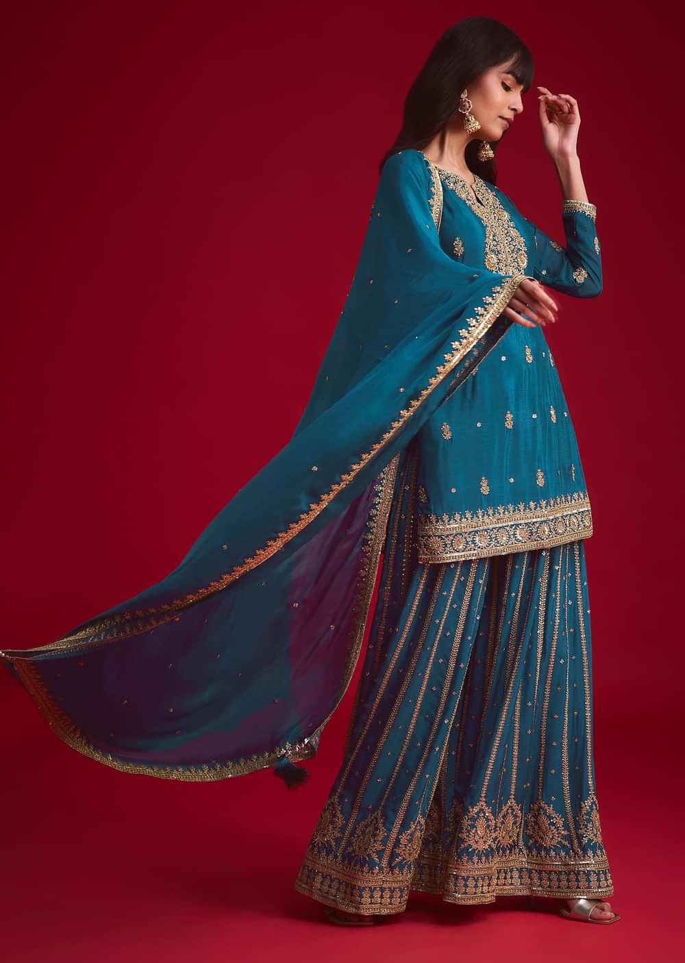 Teal blue Zari Embroidered Kurta Palazzo With Butti Work Dupatta
