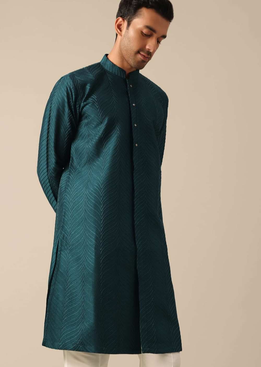 Teal Embroidered Kurta And Pant Set In Dupion Silk