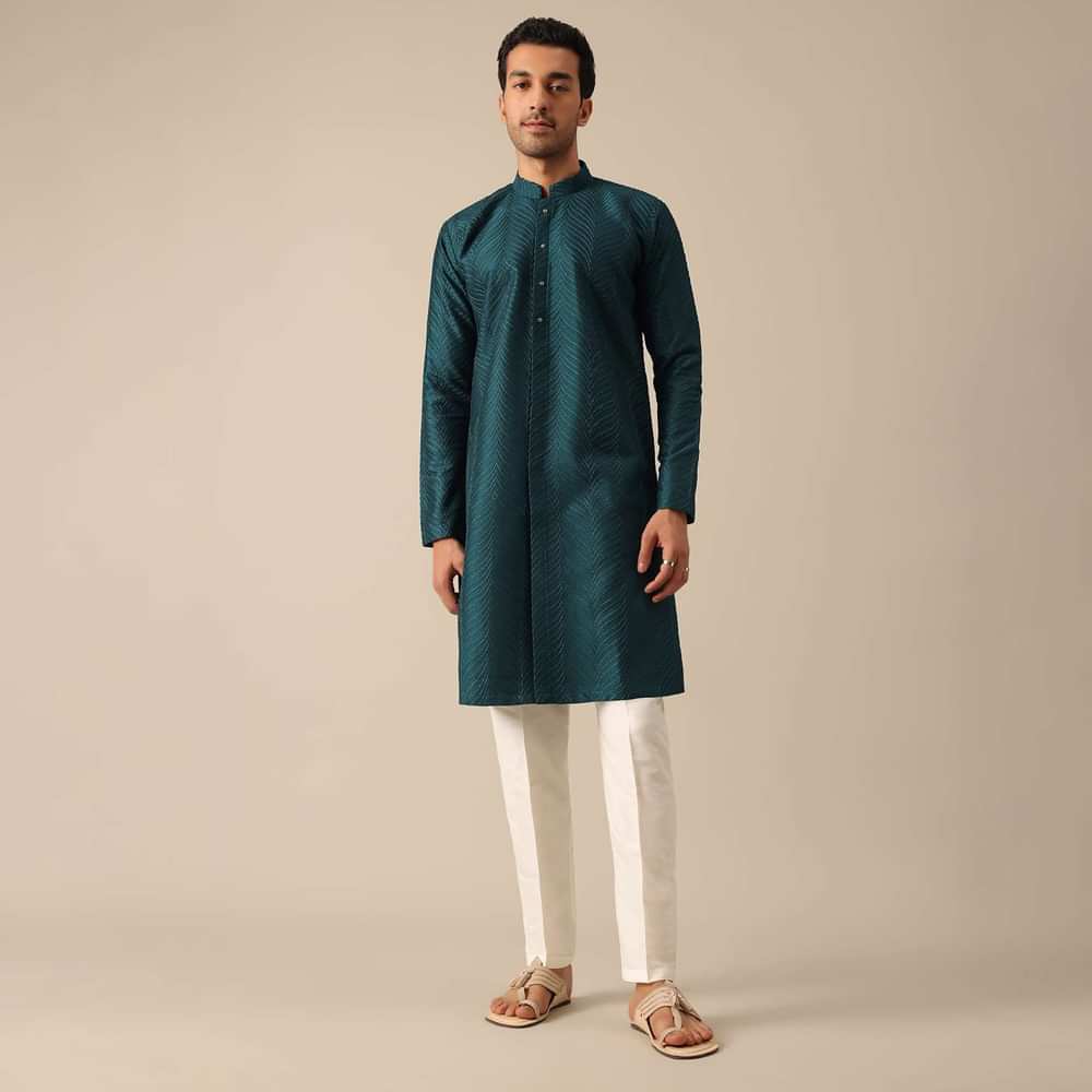 Teal Embroidered Kurta And Pant Set In Dupion Silk