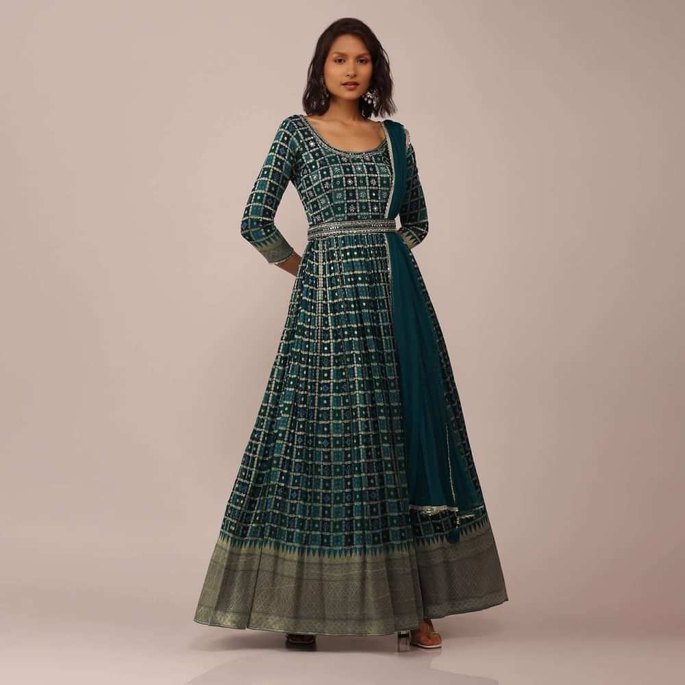 Teal Green Anarkali Set in Georgette with Embroidered Belt And Dupatta
