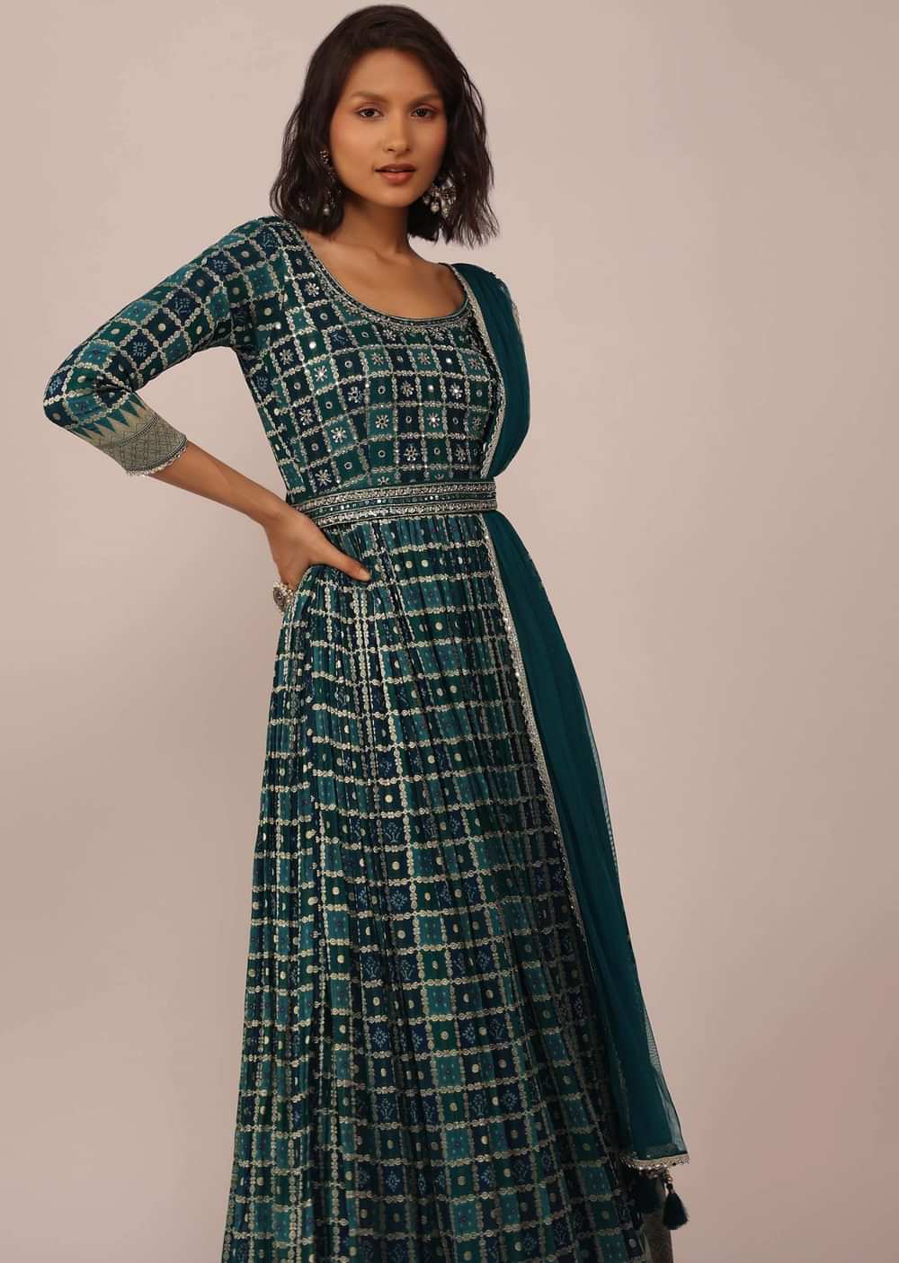 Teal Green Anarkali Set in Georgette with Embroidered Belt And Dupatta