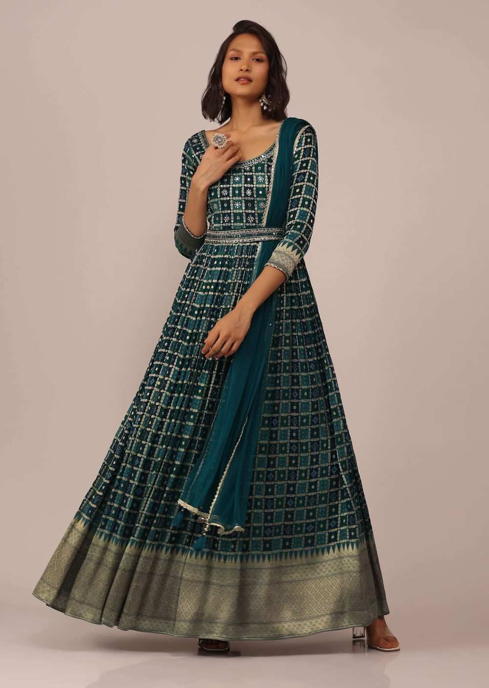 Teal Green Anarkali Set in Georgette with Embroidered Belt And Dupatta