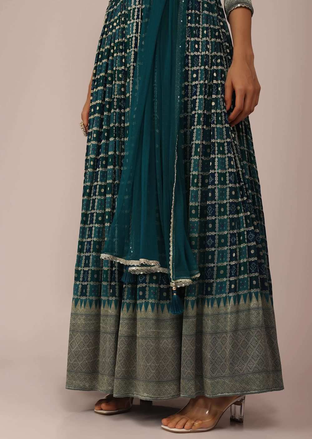 Teal Green Anarkali Set in Georgette with Embroidered Belt And Dupatta