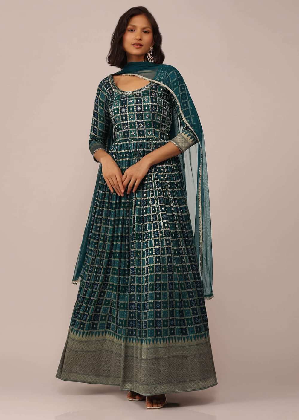 Teal Green Anarkali Set in Georgette with Embroidered Belt And Dupatta