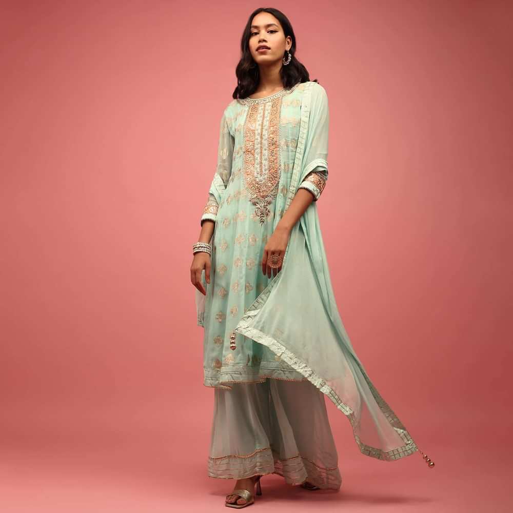 Sea Green Georgette Anarkali Suit With Embroidery