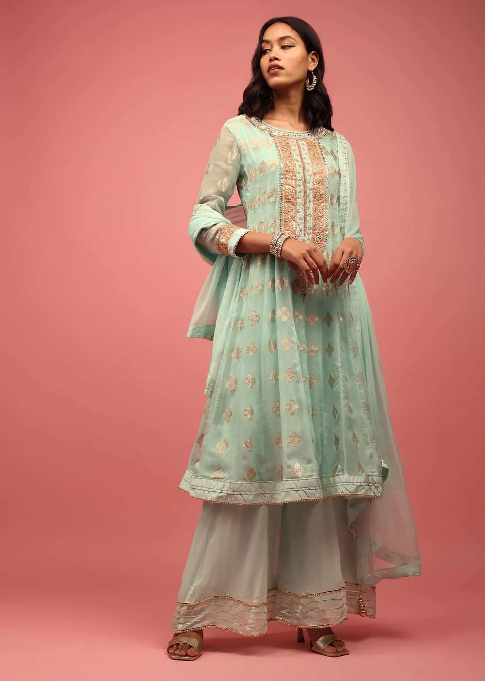 Sea Green Georgette Anarkali Suit With Embroidery