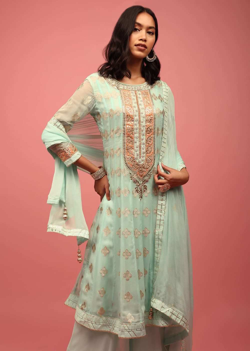 Sea Green Georgette Anarkali Suit With Embroidery