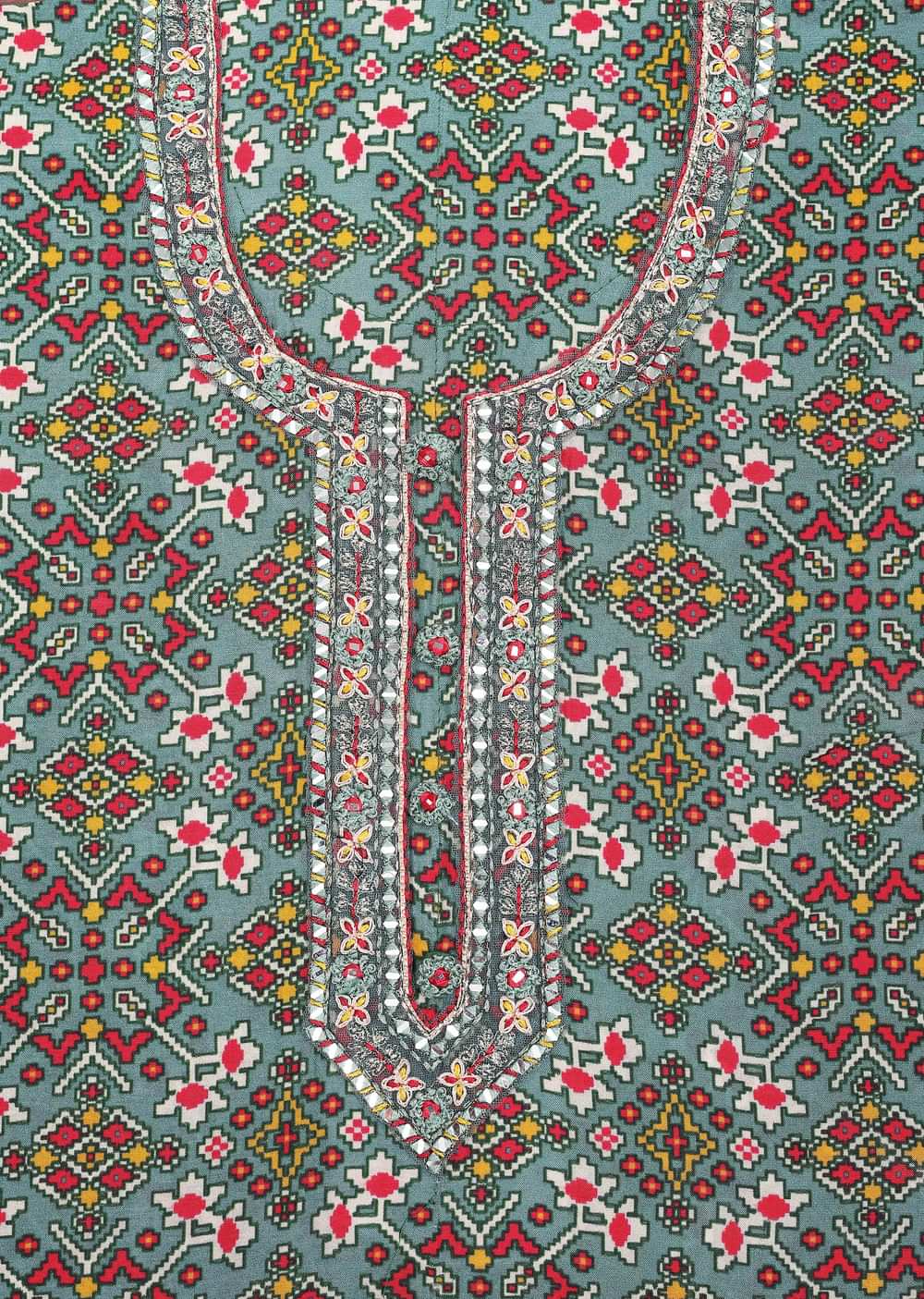 Teal Green And Red Patola Printed Tussar Dress Material