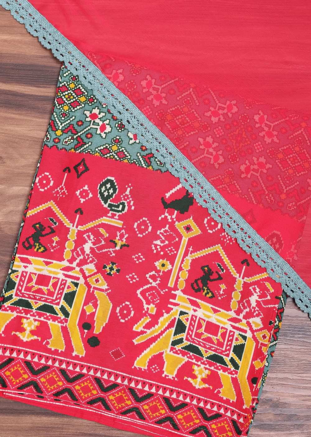 Teal Green And Red Patola Printed Tussar Dress Material