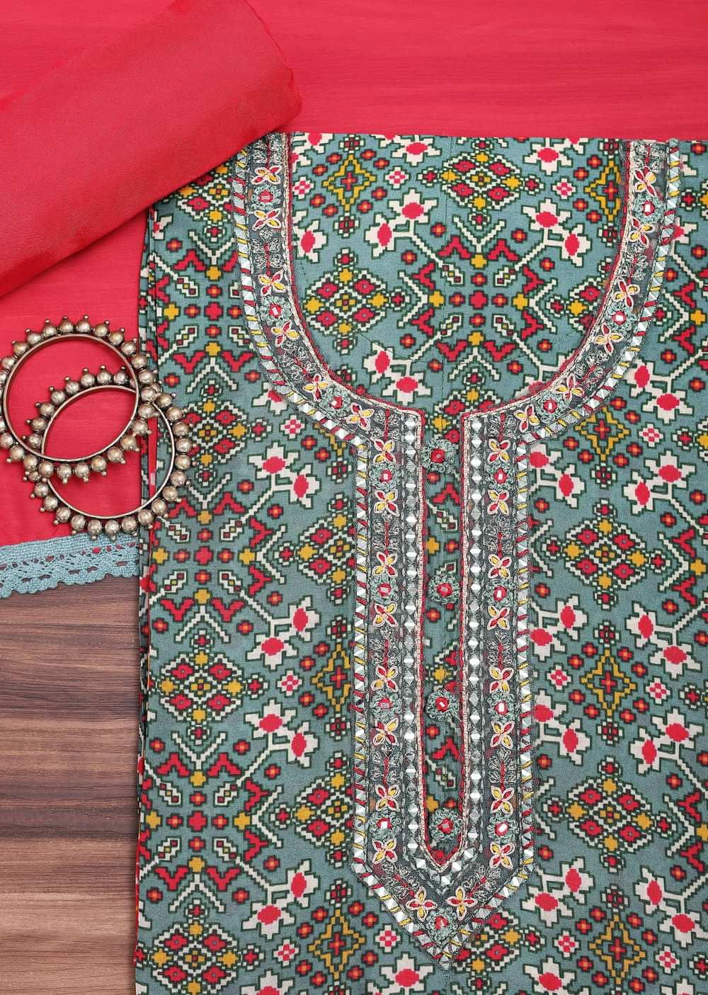Teal Green And Red Patola Printed Tussar Dress Material