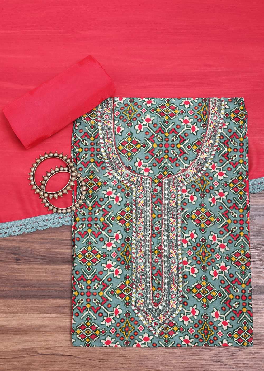 Teal Green And Red Patola Printed Tussar Dress Material