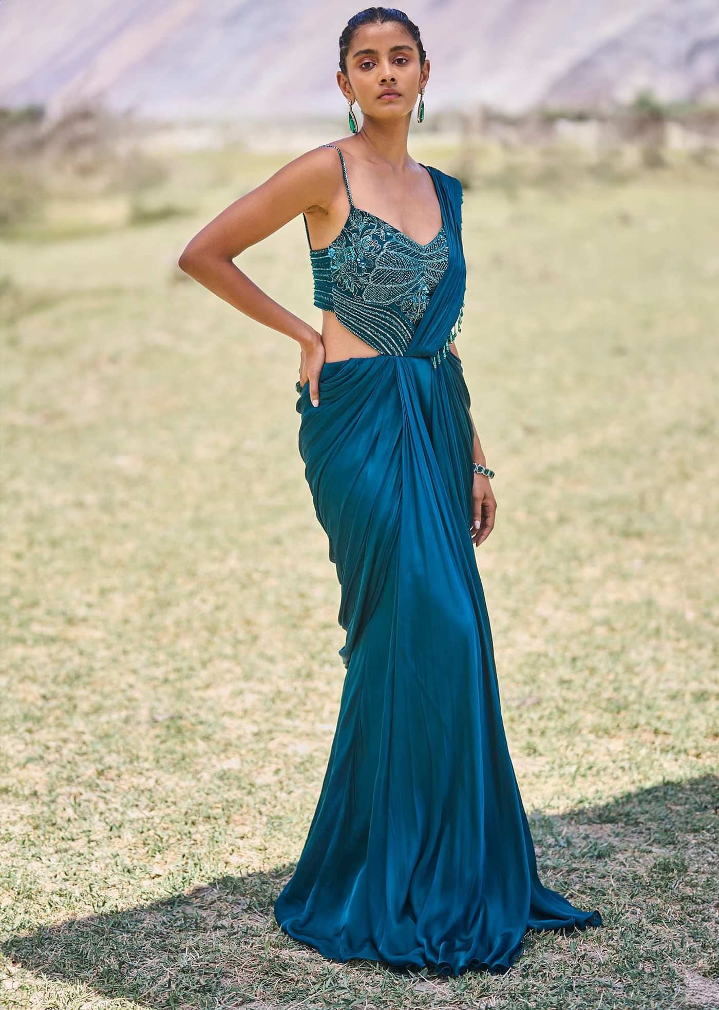 Teal Green Embroidered Drape Gown With Pleated Tassel Pallu