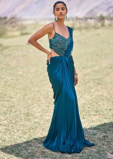 Teal Green Embroidered Drape Gown With Pleated Tassel Pallu