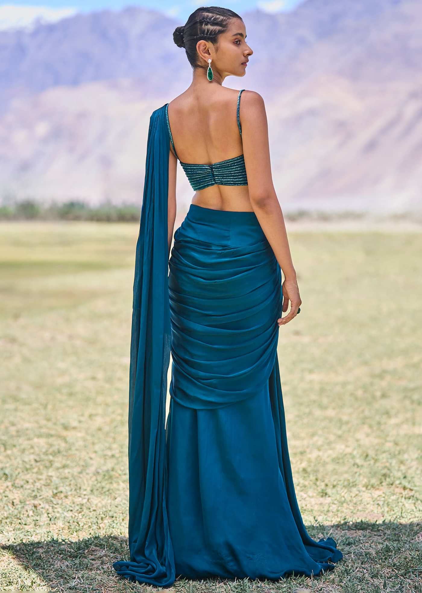 Teal Green Embroidered Drape Gown With Pleated Tassel Pallu