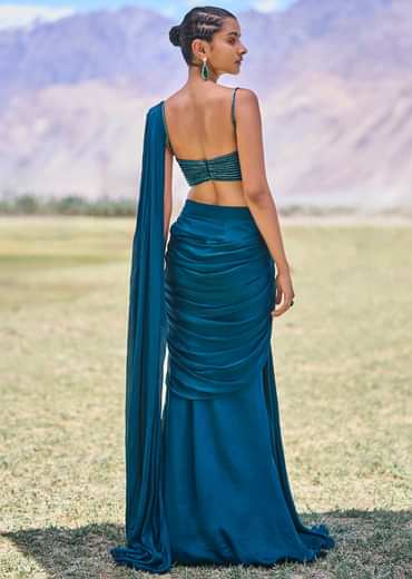 Teal Green Embroidered Drape Gown With Pleated Tassel Pallu