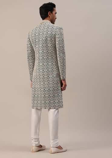 Teal Green Embroidered Sherwani Set With Layered Mala