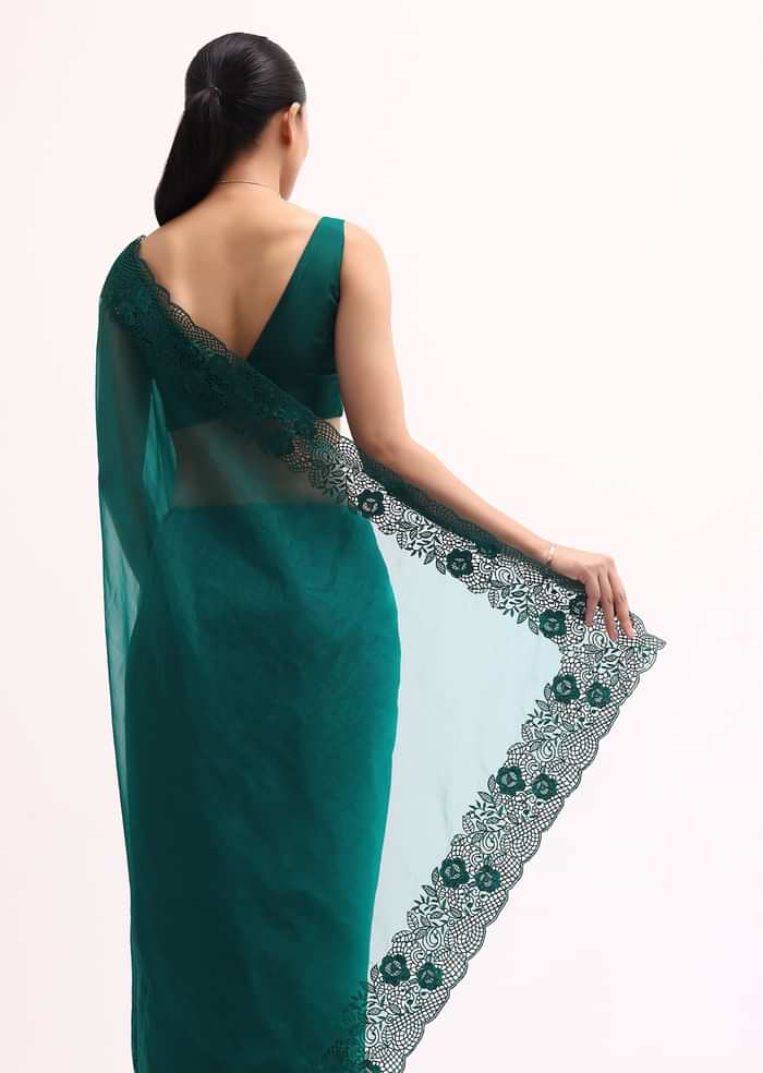 Teal Green Organza Saree With Unstitched Blouse