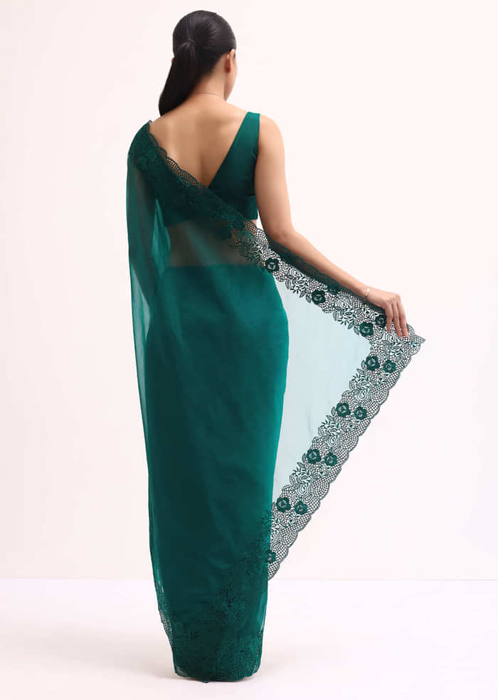 Teal Green Organza Saree With Unstitched Blouse