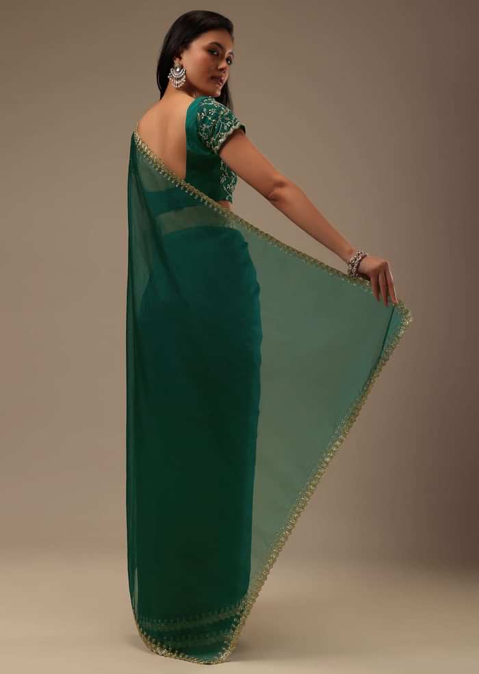 Teal Green Plain Organza Saree With Heavy Cut Dana Work