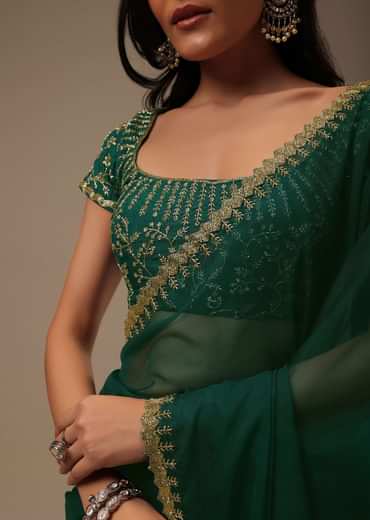 Teal Green Plain Organza Saree With Heavy Cut Dana Work