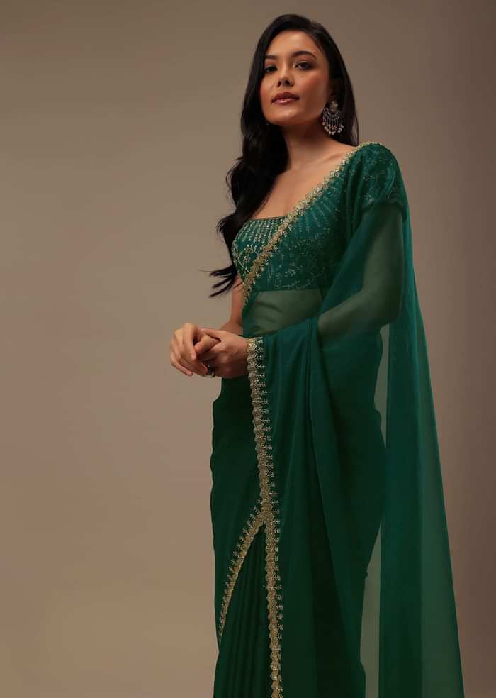 Teal Green Plain Organza Saree With Heavy Cut Dana Work