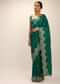Teal Green Saree In Dupion Silk With Hand Embroidered Scallop Cut Border With Thread And Sequins Flowers