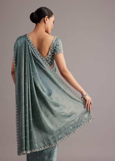 Teal Green Satin Saree Embroidered With Stones And Diamonds