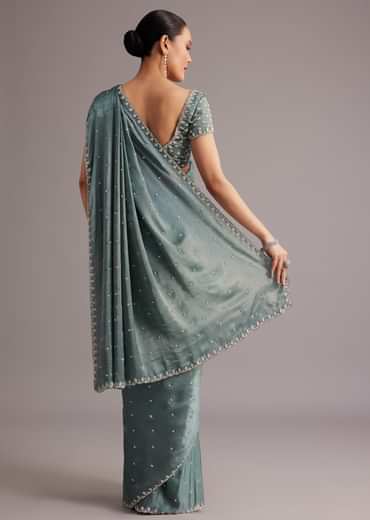 Teal Green Satin Saree Embroidered With Stones And Diamonds